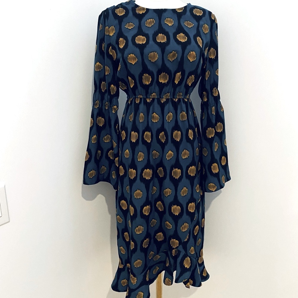 Midi Dress in Navy with Gold Spot Print
